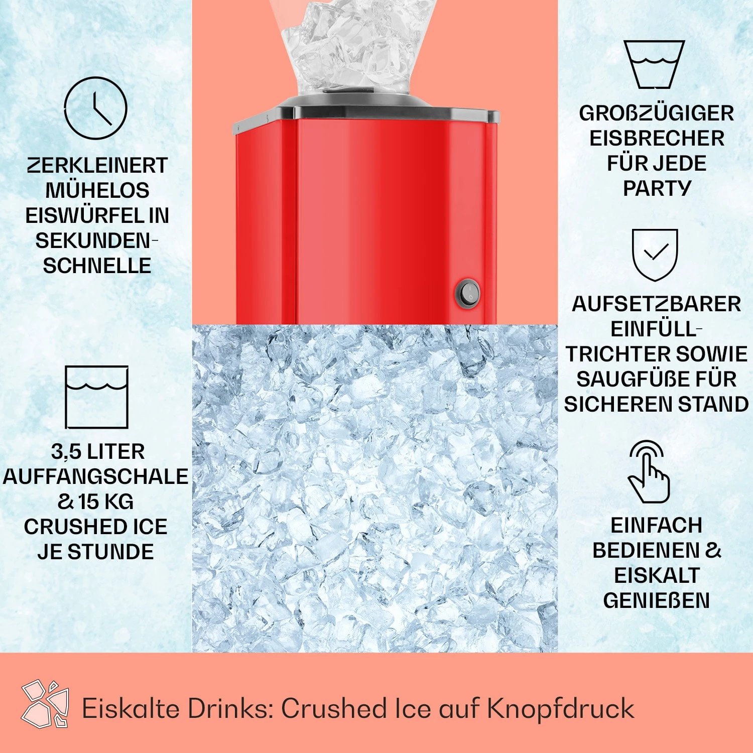Icebreaker Ice Crusher 15kg/h 3,5 Liter Eisbehälter Edelstahl Rot 2 Icebreaker Ice Crusher 15kg/h 3,5 Liter Eisbehälter Edelstahl Rot – Bild 2