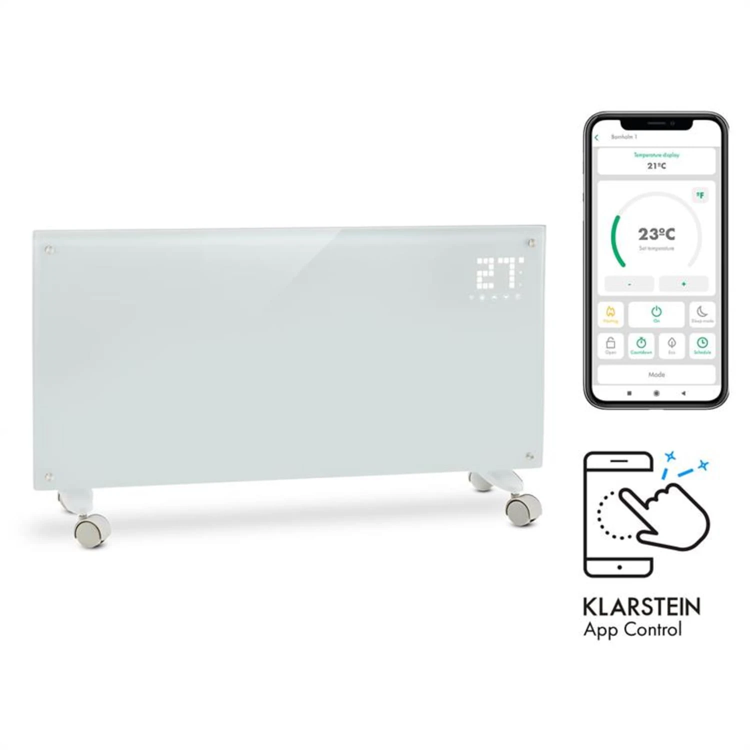 Bornholm Smart Konvektions-Heizgerät | 2000 W | SmartHeat Design: WiFi-Verbindung | LED-Display | 24-h-Timer | 2 Heizstufen: 1000 / 2000 W | IP24: Spritzwassergeschützt | Fernbedienung | Standgerät