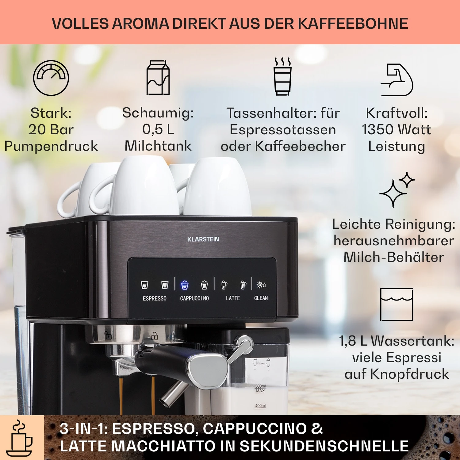 Arabica Comfort Espressomaschine 1350W 20 Bar 1,8l Touch-Bedienfeld 2 Arabica Comfort Espressomaschine 1350W 20 Bar 1,8l Touch-Bedienfeld – Bild 2